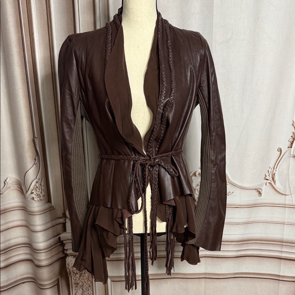 Chic Brown Leather Jacket with Braided Accents